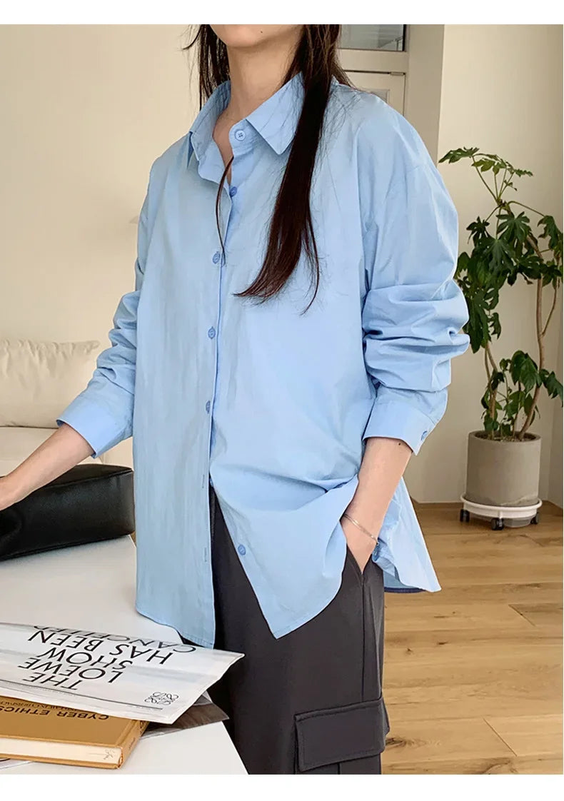 Women's Casual Loose Fit Long Sleeve Lapel Shirt 100 Percent Cotton Pure Color Versatile Layering Top for Spring and Autumn