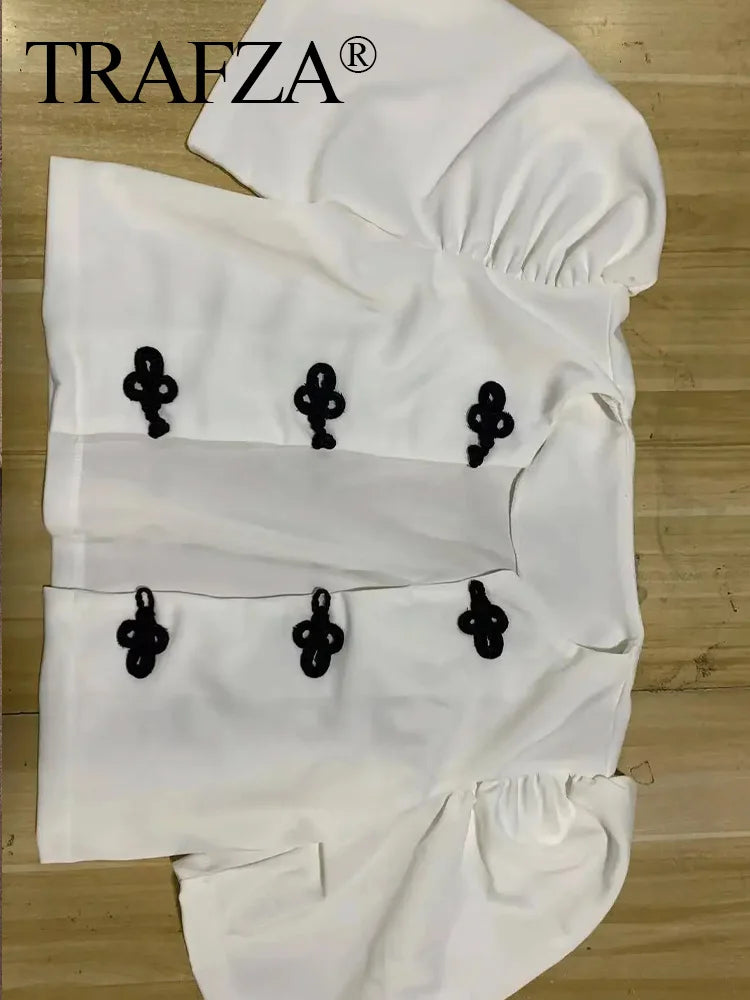 Women Summer Casual Pants Suit with Puff Sleeve Shirt and Elegant Long Pants Matching Set