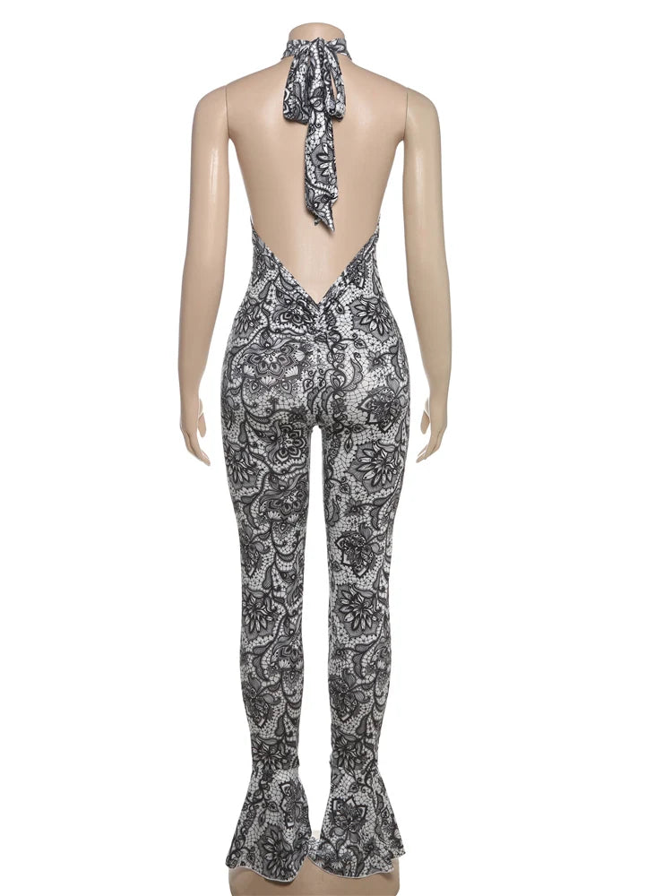 Attractive Y2K Women Jumpsuit Fashion Print Halter Neck Backless High Collar Off Shoulder Overalls for Nightclub Party