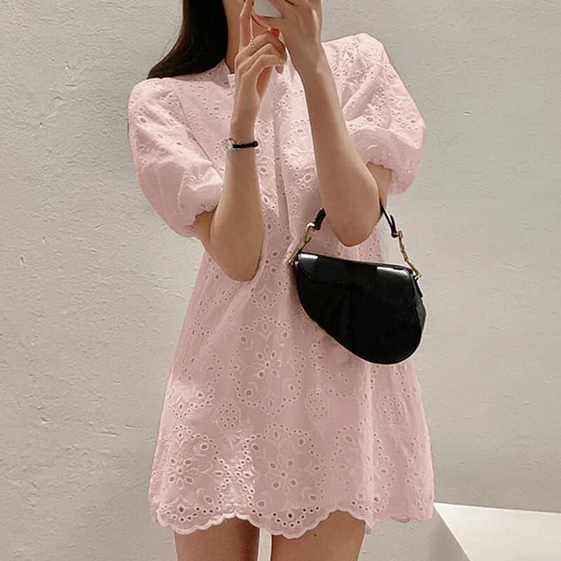 Cotton Sundress With Puff Sleeve Mini For Women Round Neck