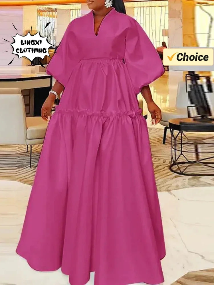 Womens V Neck Long Dress Solid Color Summer Loose Fit