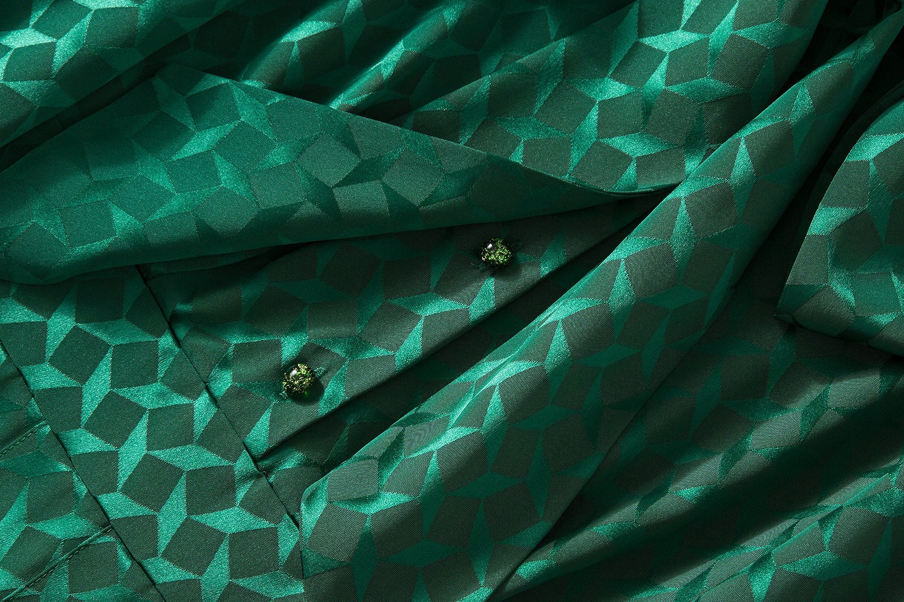 Elegant Green Pleated Long Sleeve Dress With Bow Collar