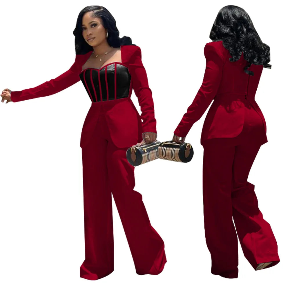 Women Long Sleeve Patchwork Romper Jumpsuit with Waist Cincher Wide-Leg Pants Elegant Office and Party Playsuit