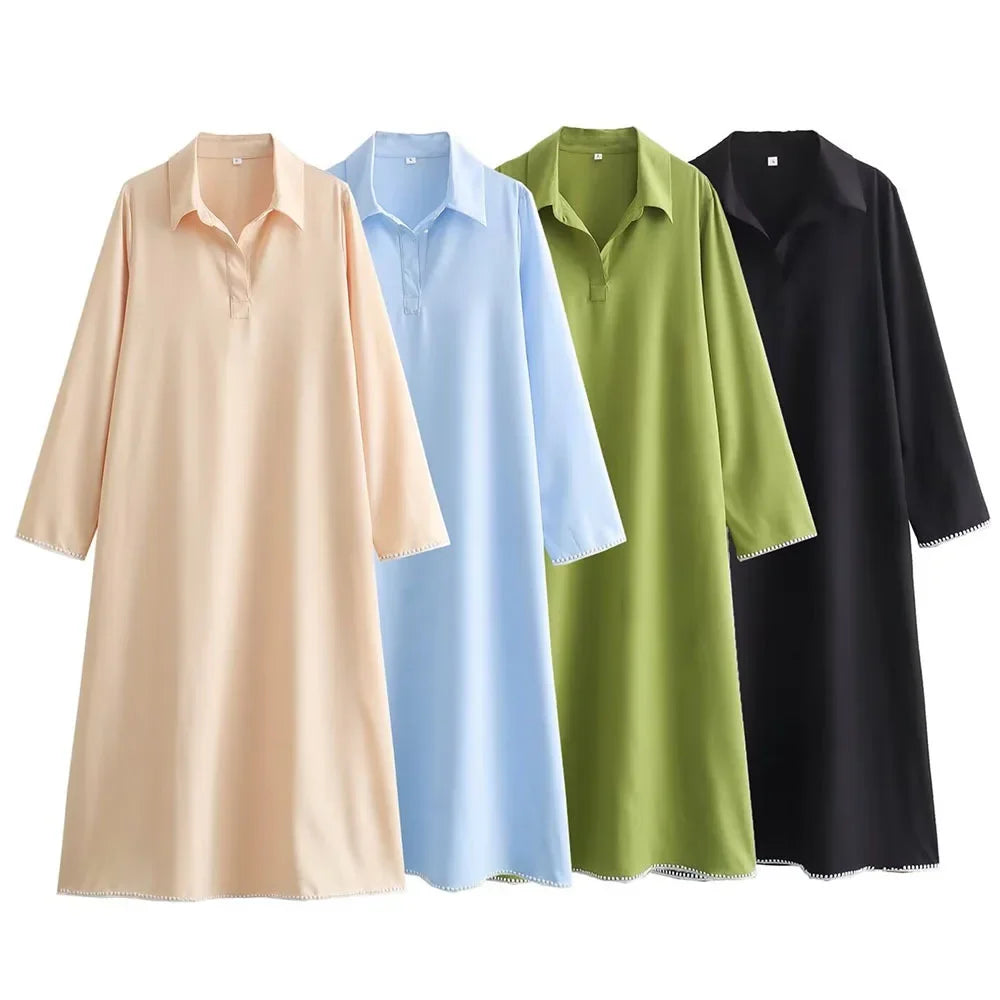 Green Embroidery Shirt Dress With Cuffed Sleeves Split Hem