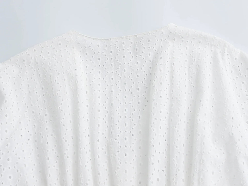 Womens Hollow Embroidery V Neck Lantern Sleeve Mini Dress