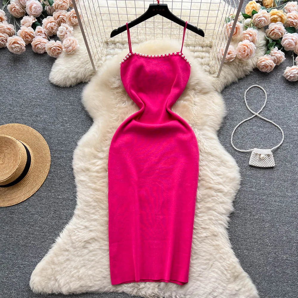 Pearl Design Knitted Bodycon Dress For Party And Streetwear