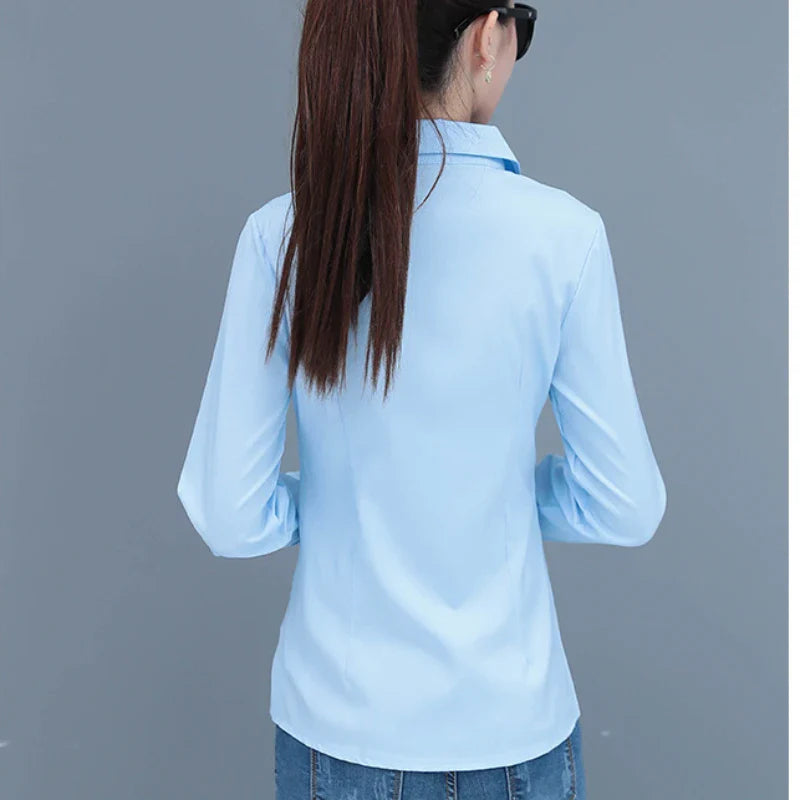 Elegant Slim Fit Blue Long Sleeve Blouse for Women Formal Office Shirt Basic Workwear Top