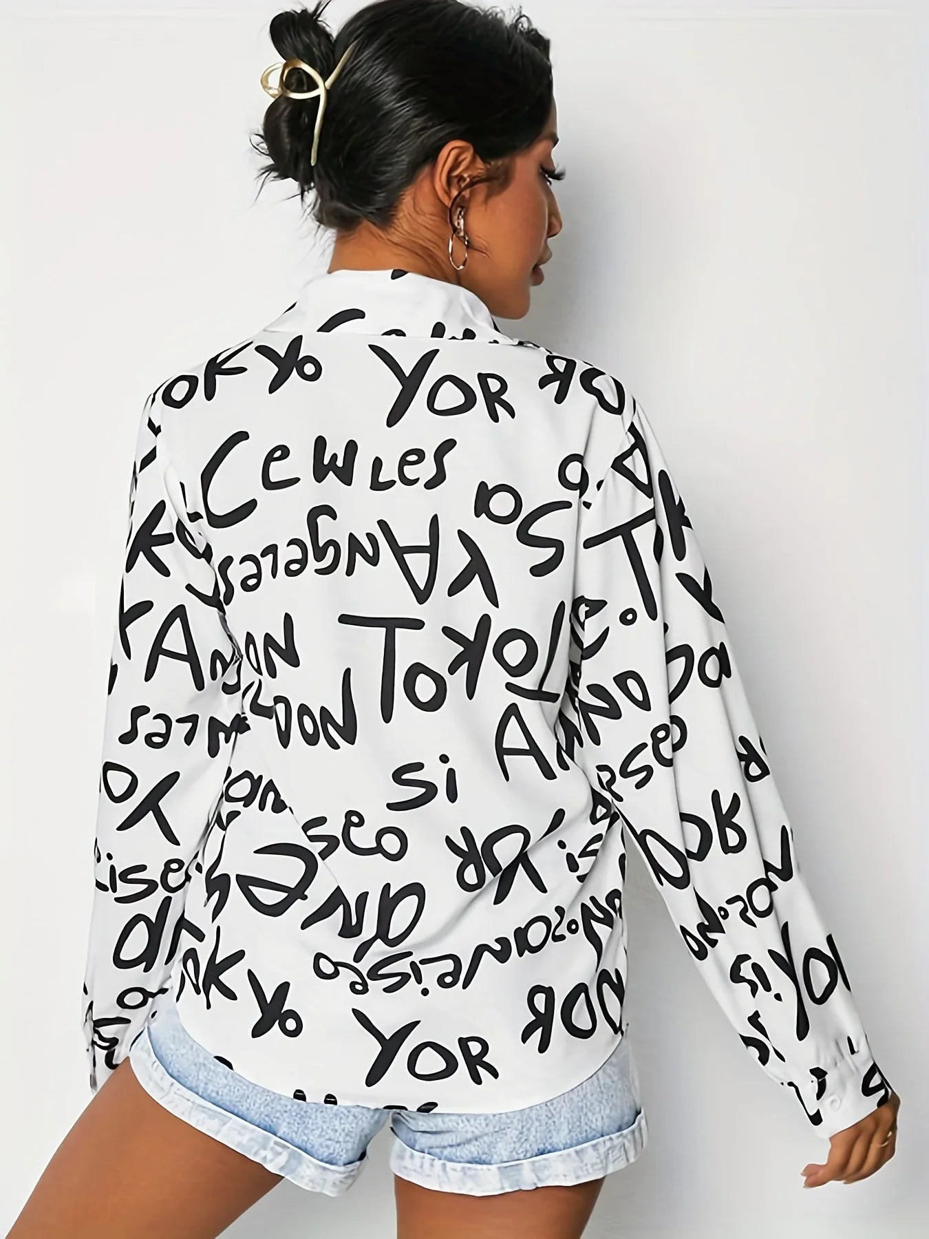 Women's Casual Letter Print Button Front Shirt Long Sleeve Lightweight Top for Spring and Fall