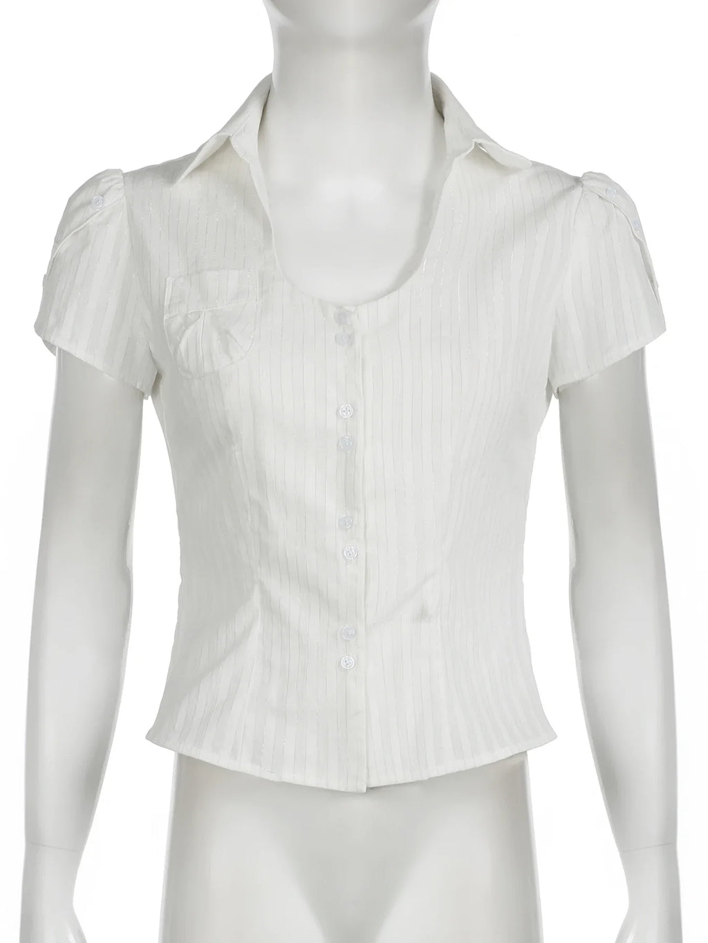 Slim Striped Blouse for Women Casual V-Neck Turn-Down Collar Short Puff Sleeve Summer Shirt