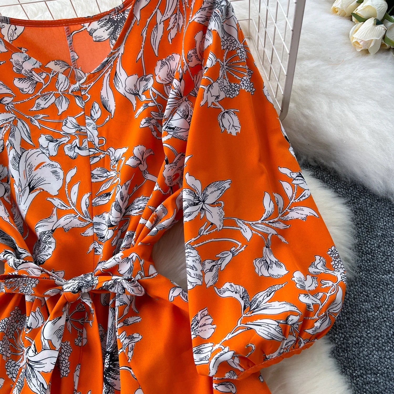 Boho Floral Print Pleated Maxi Dress With Puff Sleeves Belt