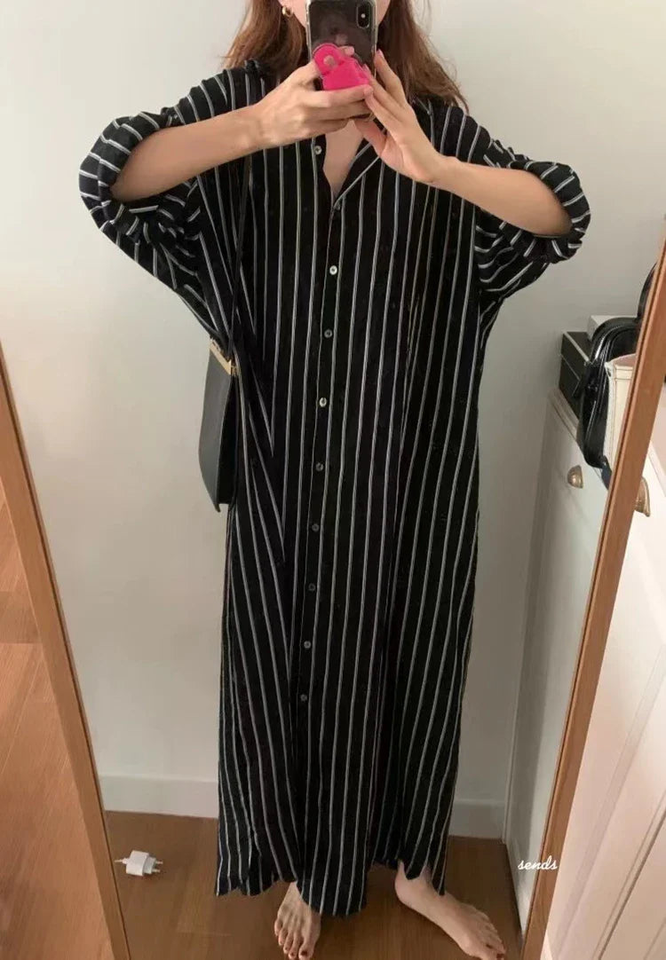 Striped Shirt Dress For Women Vintage Single Breasted