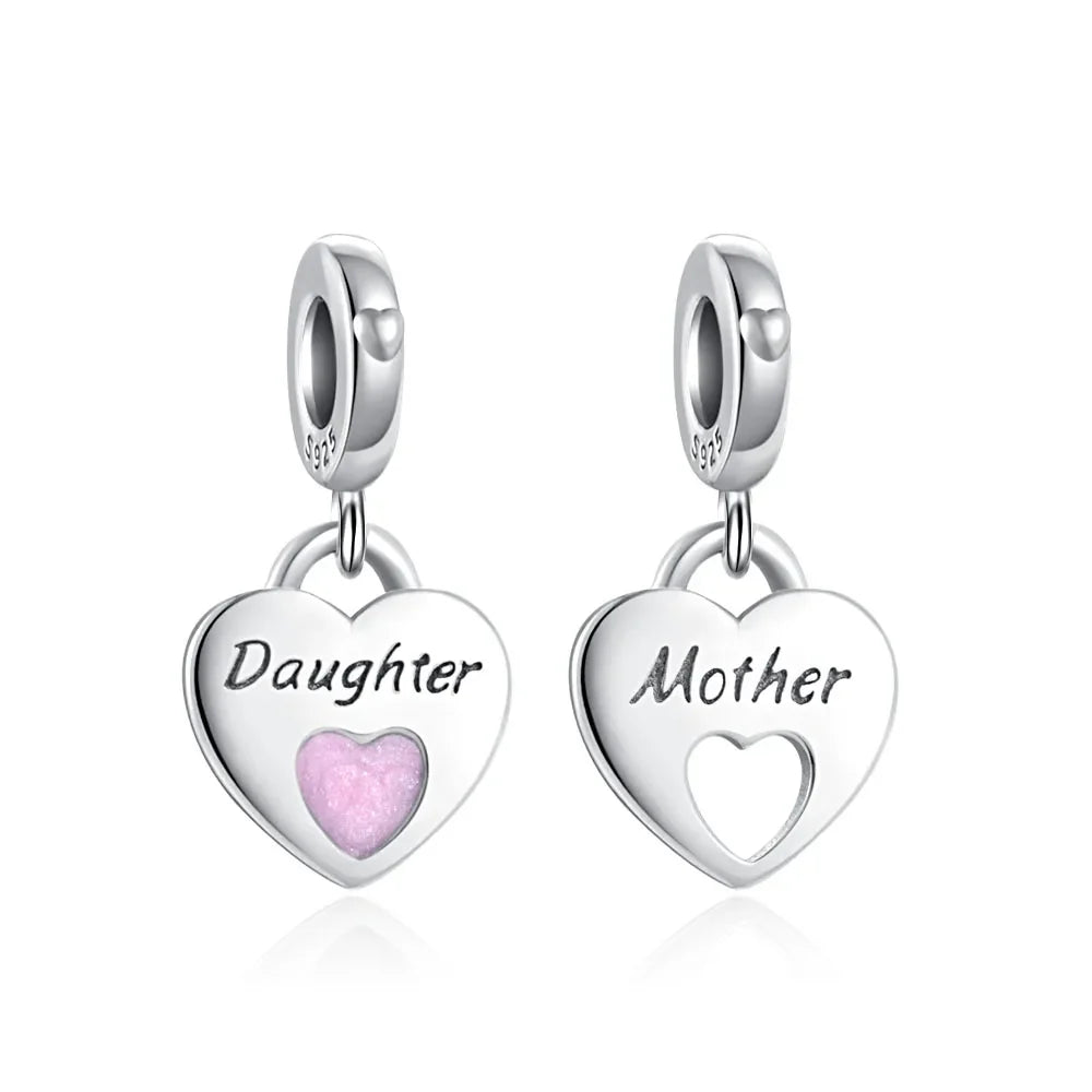 Spring Pink 925 Sterling Silver Mother Daughter Flower Enamel Dangle Pendant for Charm Bracelets
