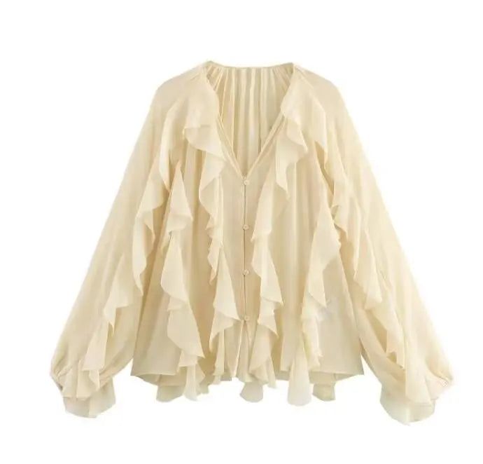 Sexy Translucent Ruffle Blouse for Women V Neck Single Breasted Tiered Casual Beach Shirt