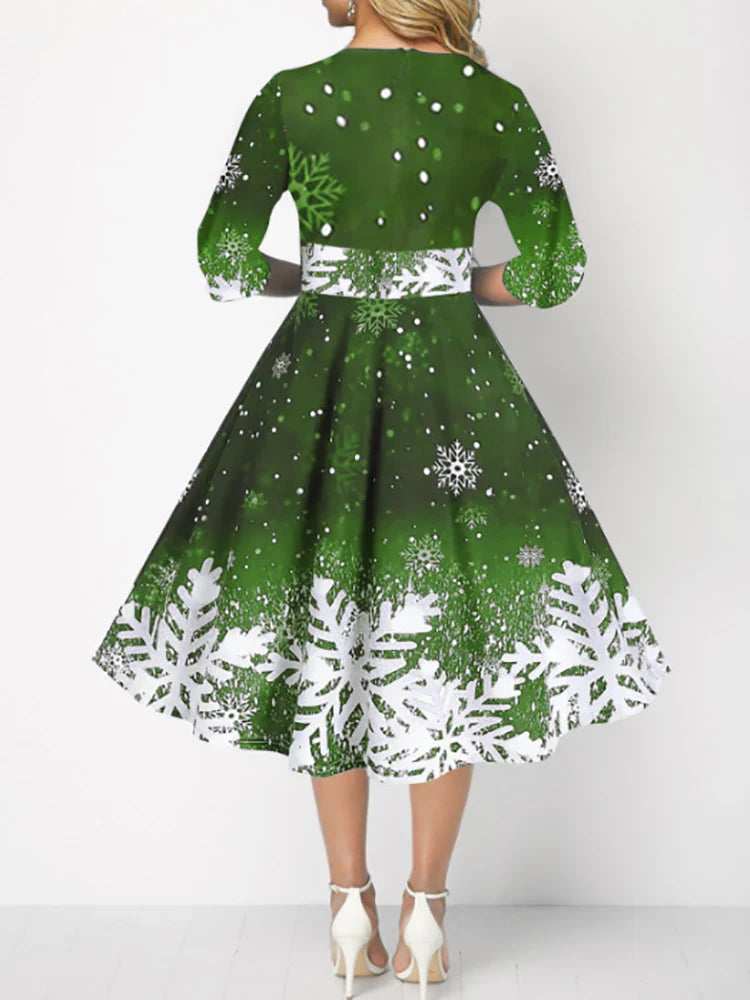 Elegant Autumn A Line Midi Dress O Neck High Waist Christmas