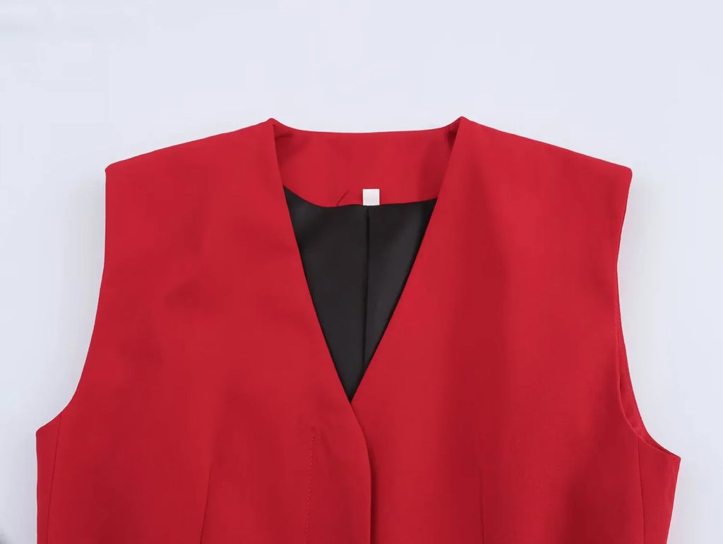 Women's Casual Black Sleeveless Split Design Vest Pants Set with Belt for Autumn Commuting