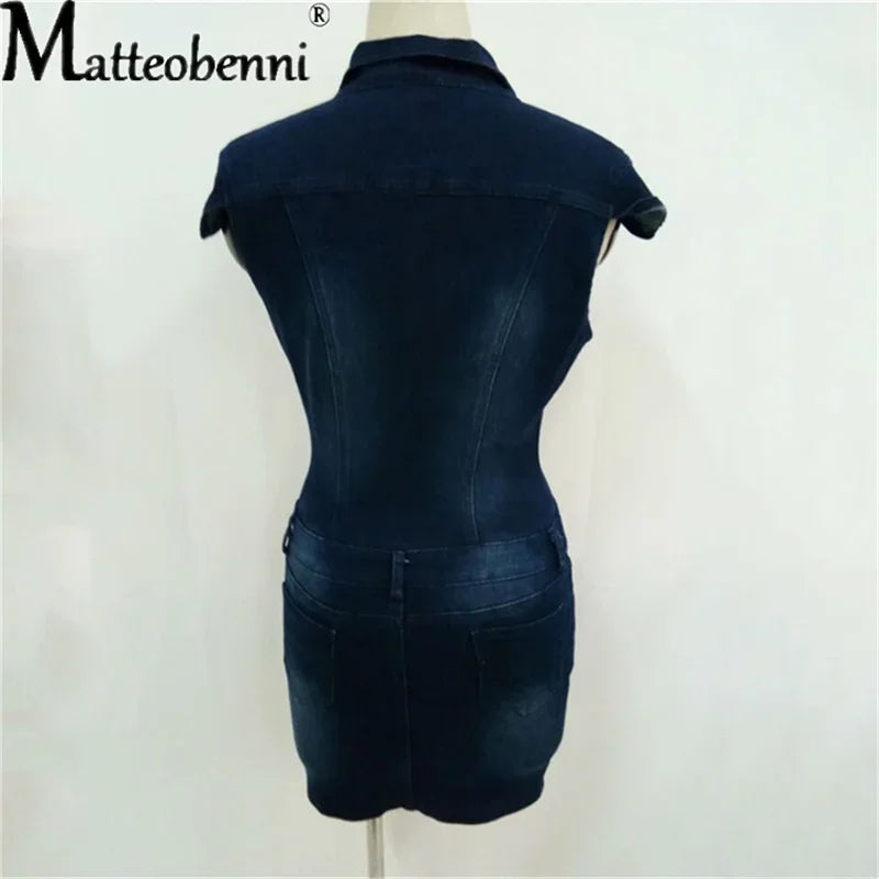 Denim Mini Dress For Women Short Sleeve Turn Down Collar