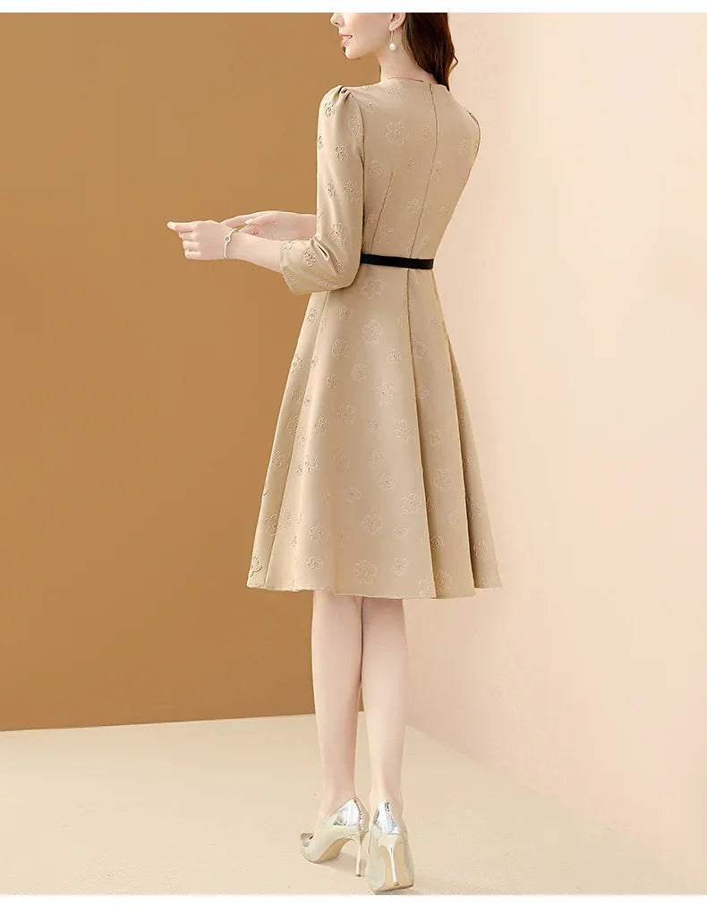 Floral Embroidered Belt Dress for Women O Neck A Line