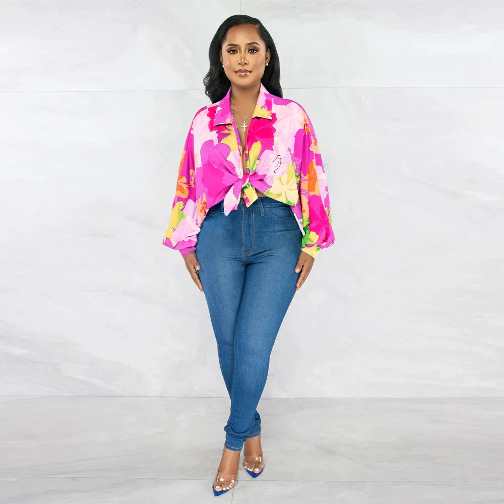 Women's Printed V-Neck Ramie Shirt Loose Bat-Sleeve Summer Top with Belly Cover Age-Reducing Design