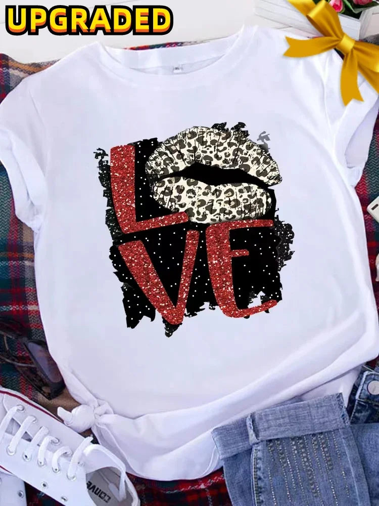 Graphic Printed T Shirt for Women with Leopard Love Design and Heart Print Short Sleeve Tee