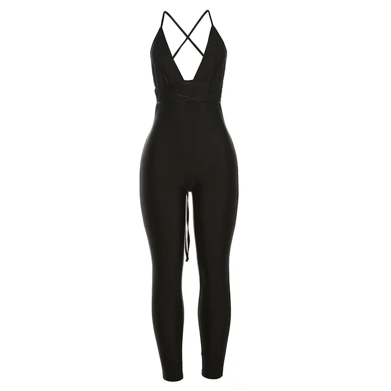 Women's Hanging Neck Low Cut Open Back Sexy Jumpsuit Slim Fit Nightclub Party Outfit