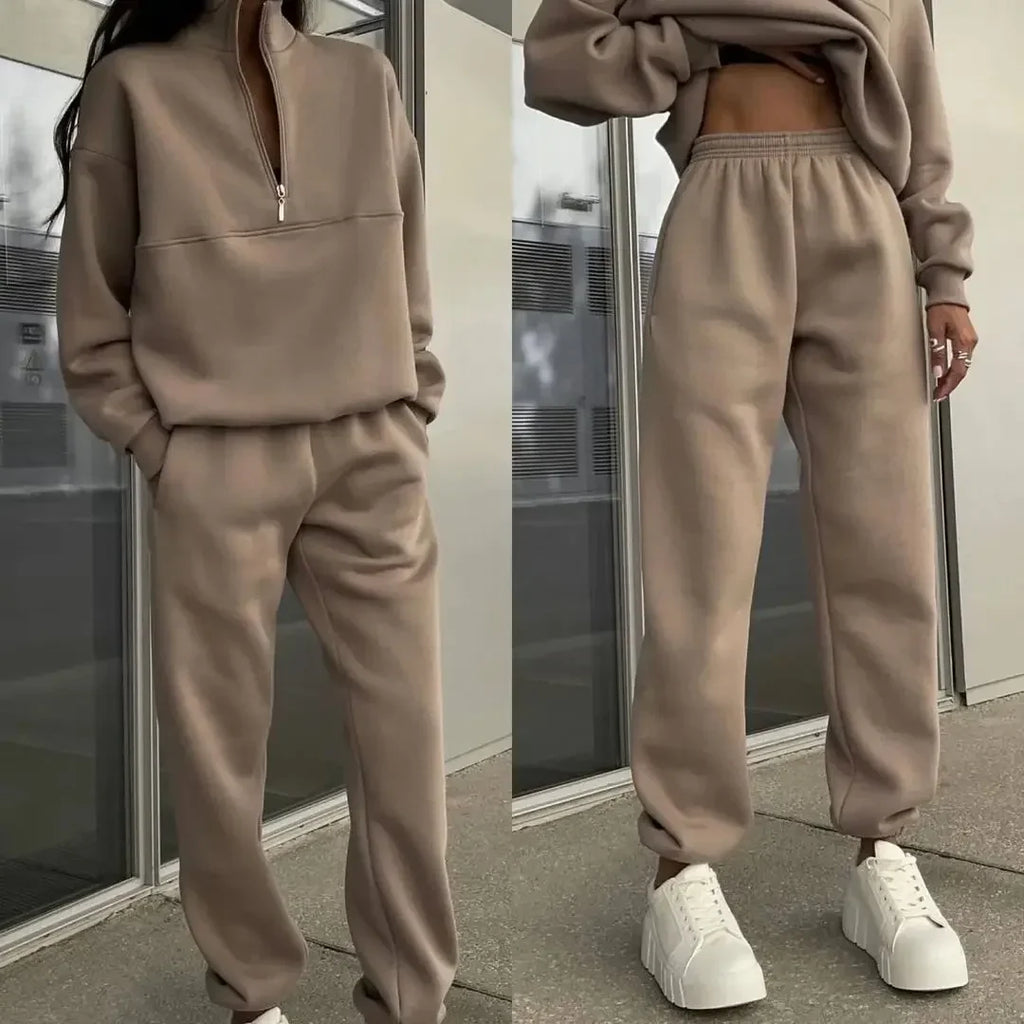 Casual Fleece Two Piece Tracksuit Set for Women with Long Sleeve Hoodie and Trousers