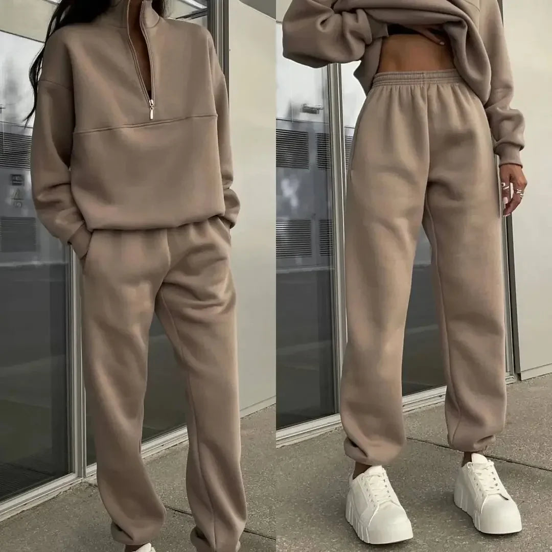 Casual Fleece Two Piece Tracksuit Set for Women with Long Sleeve Hoodie and Trousers