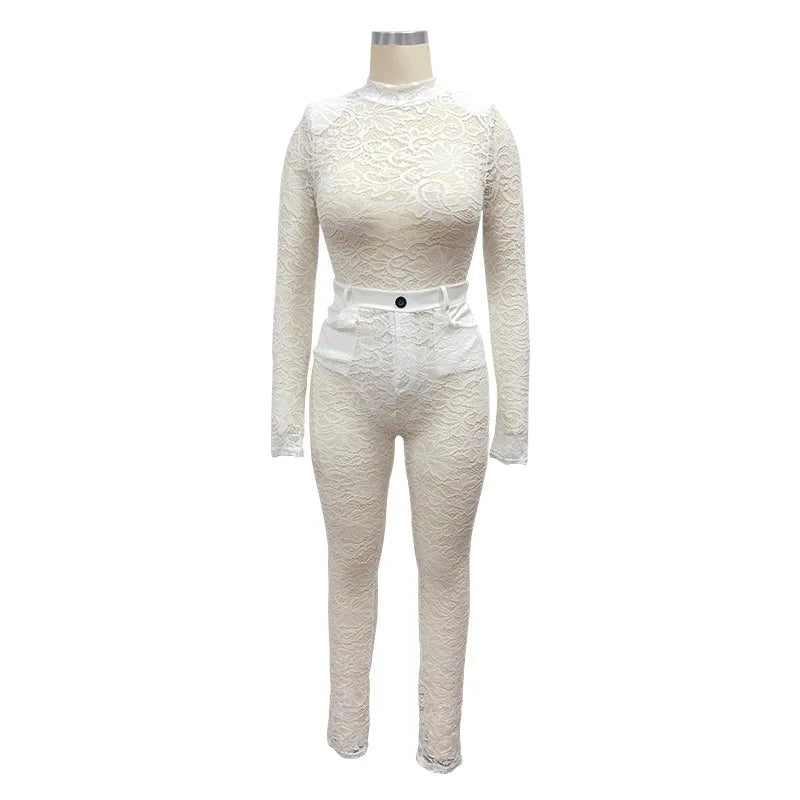 Lace Hollow Out Bodysuit and Pants Set for Women - Slim Fit Midnight Party Bodycon Outfit for Cocktail Events