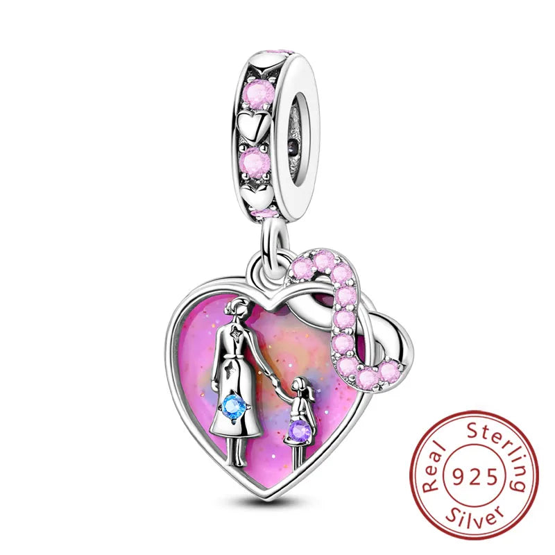 925 Sterling Silver Love Heart Family Charm Bead Pendant for Women's Bracelet Jewelry Gift