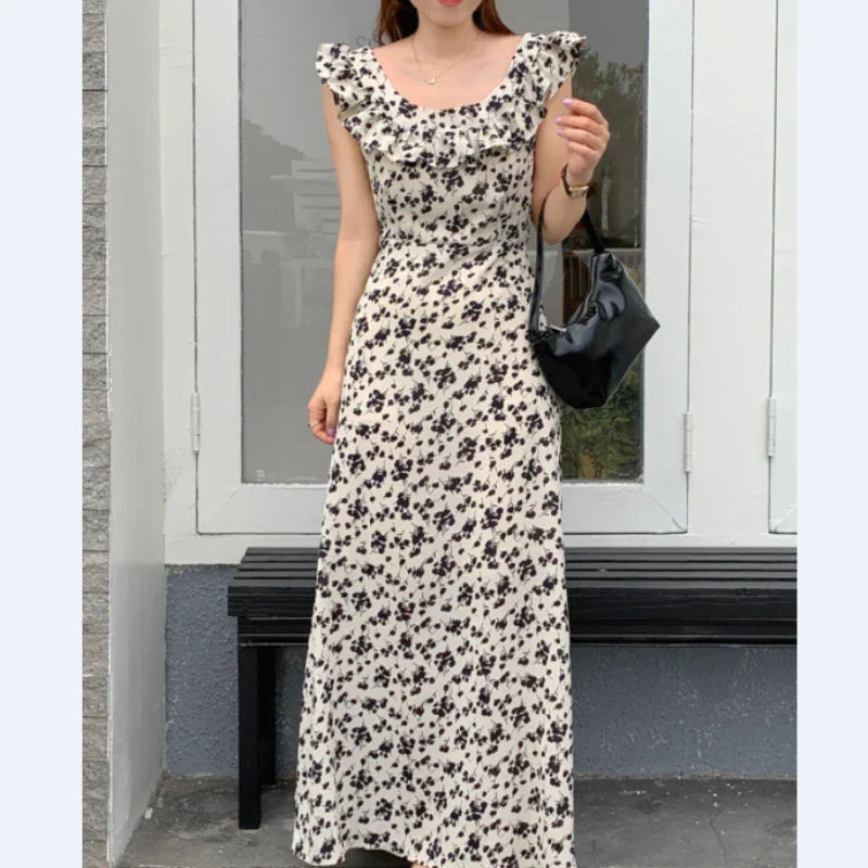 Floral Print Sleeveless Maxi Dress Black Vintage Style