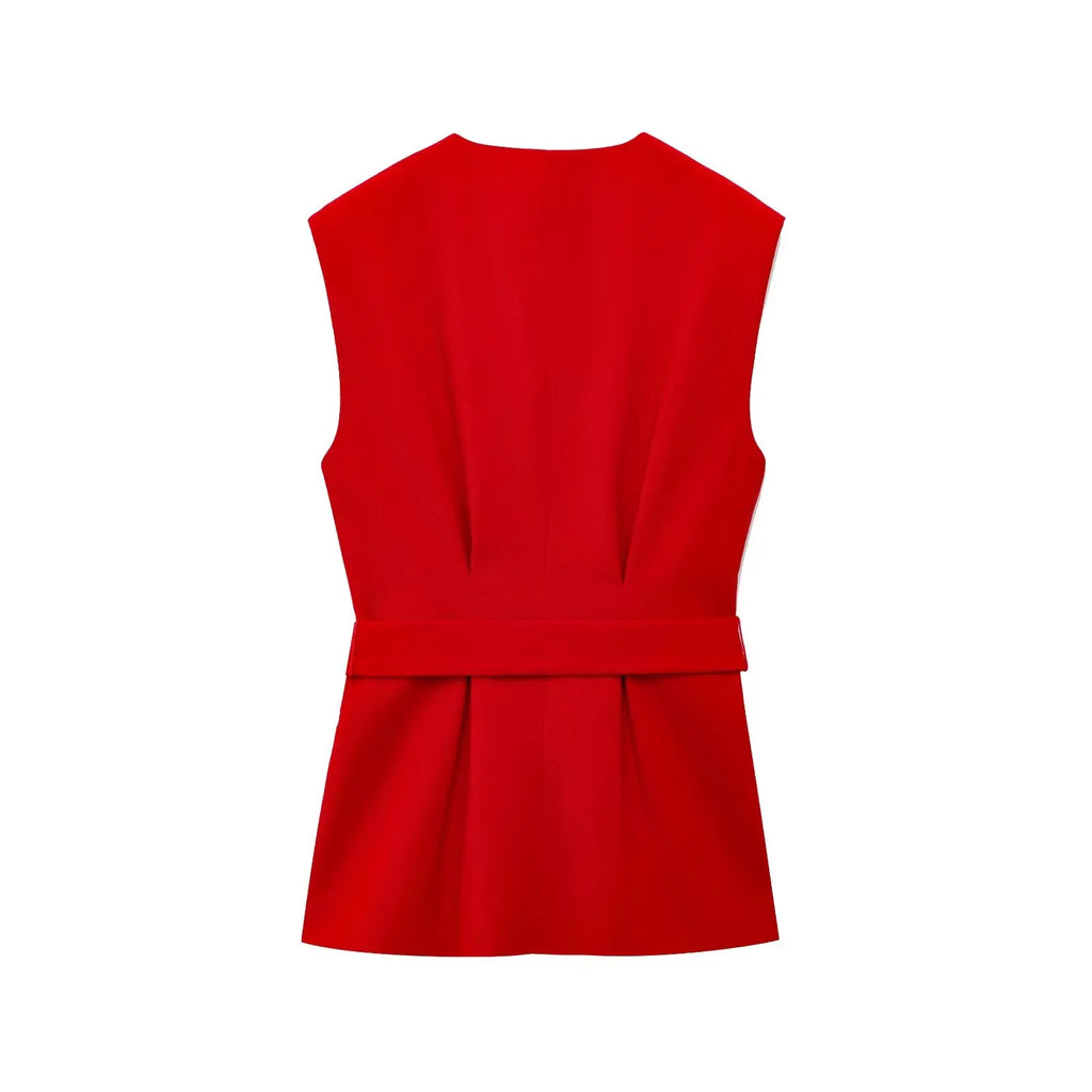 Fashionable Red Vest and Flared Pants Suit for Women with Belt, Versatile and Simple Temperament Outfits
