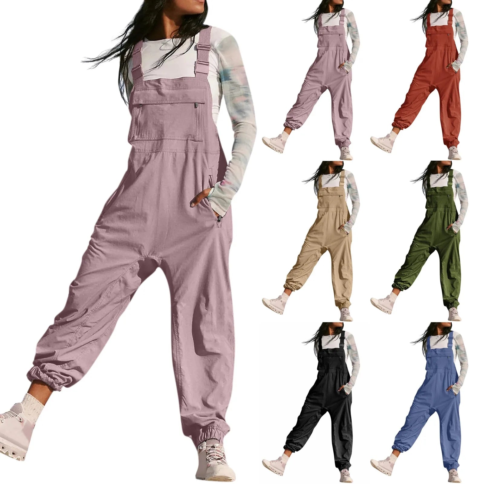 Women's Summer Casual Loose Wide Leg Jumpsuit with Adjustable Straps Pockets and Retro Button Detail Solid Color Sleeveless Overalls