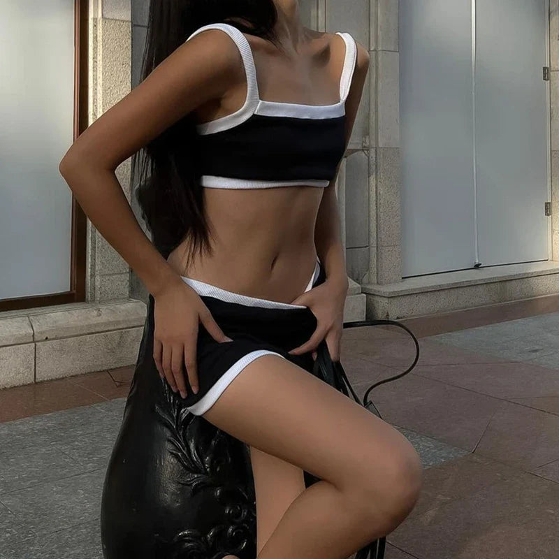 Casual Sporty Women Two Piece Set High Streetwear Patchwork Slip Tank Top with Skinny Elastic Mini Skirt