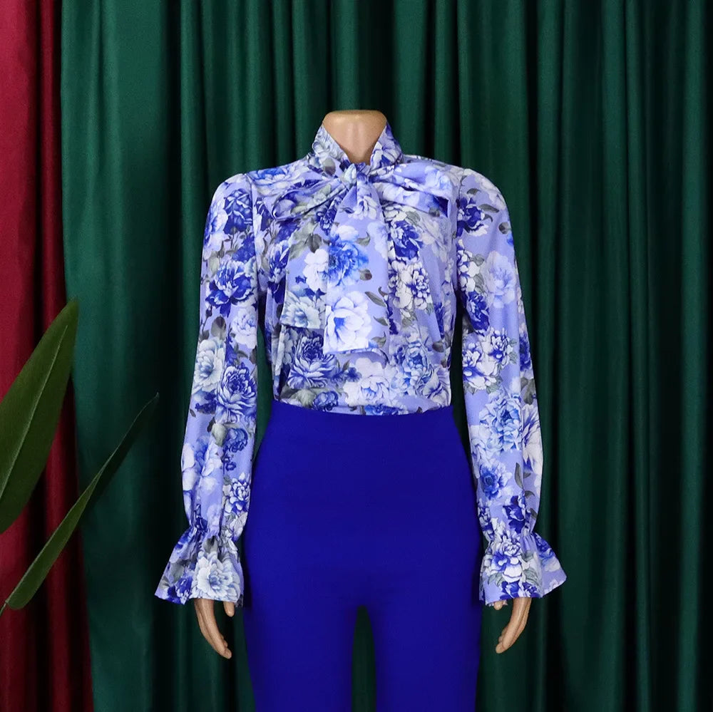 Elegant Full Sleeve Bow Collar Printed Blouse for Women Stylish Business Workwear Shirt Tops