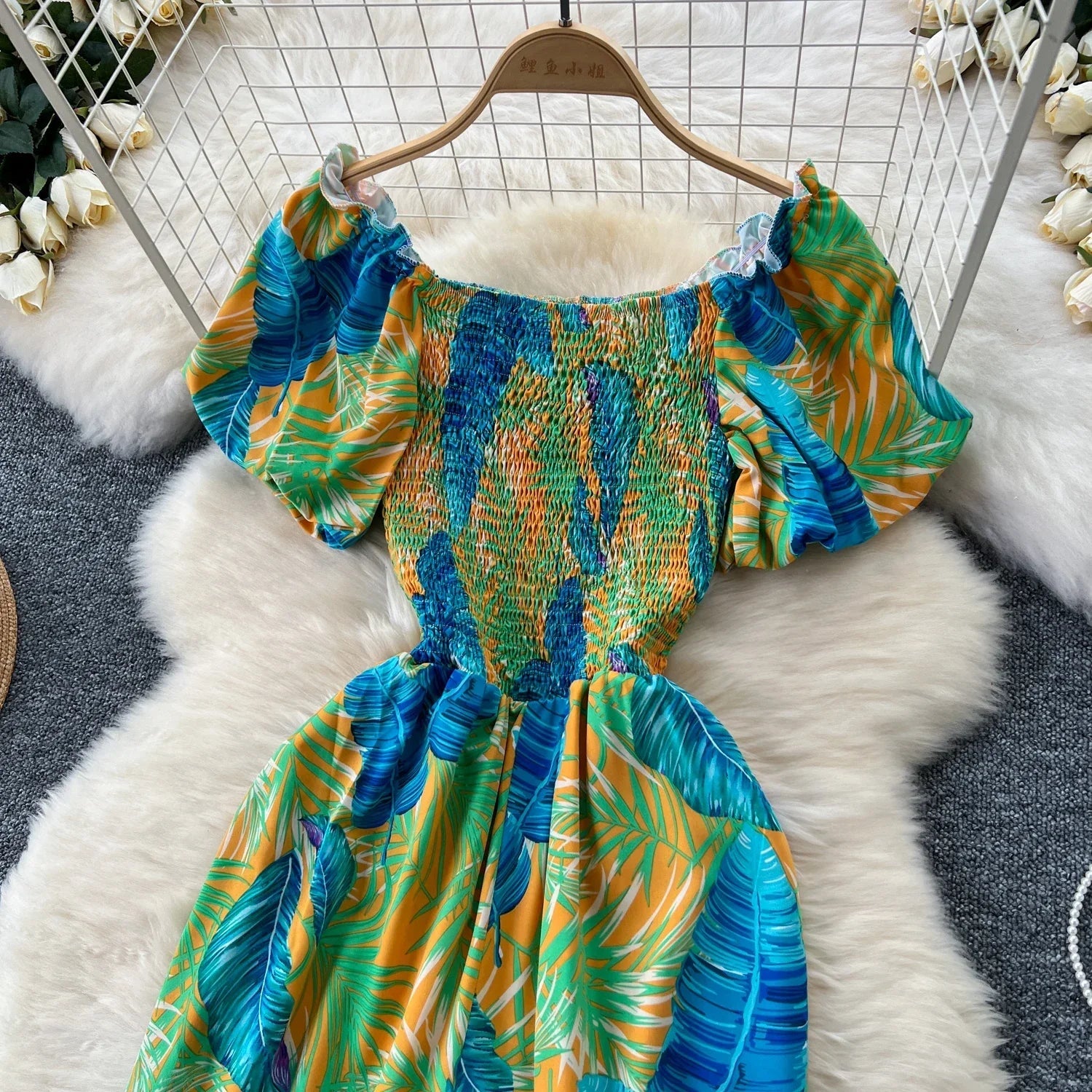 Square Neck Loose Pleated Jumpsuit with Ruffles Backless Design Wide Leg Long Pants Elegant Chic Printed Playsuit for Women