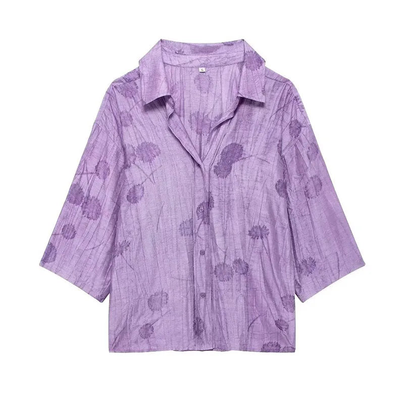 Jacquard Shirt Pants Suit for Women with Lapel Half Sleeve and Pockets, Wide Leg Pant Set for Summer Streetwear