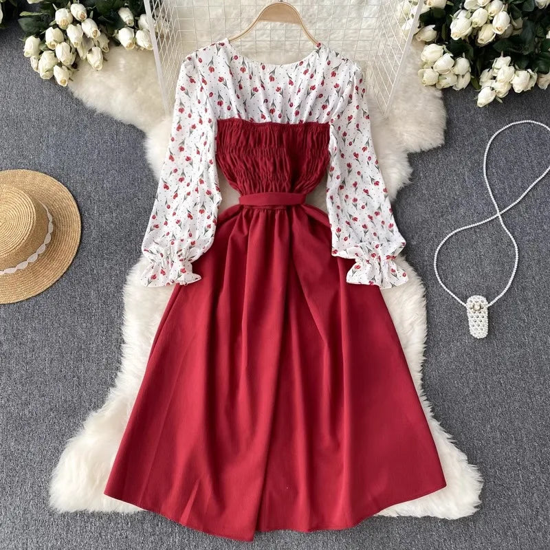 Floral Patchwork Chiffon Dress Belted Long Sleeve Women