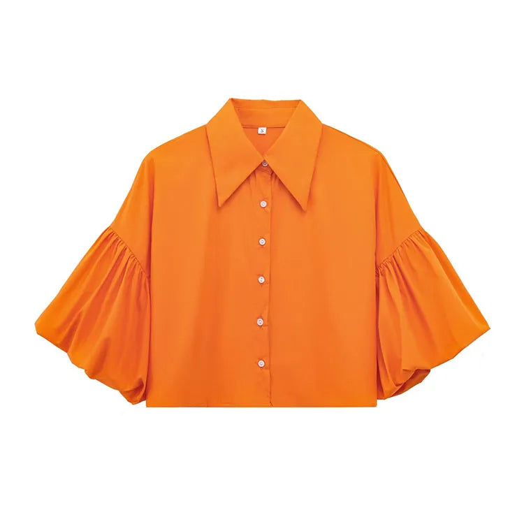 Women's Casual Short Shirt with Puff Sleeves Button Front Loose Blouse Chic Spring Top