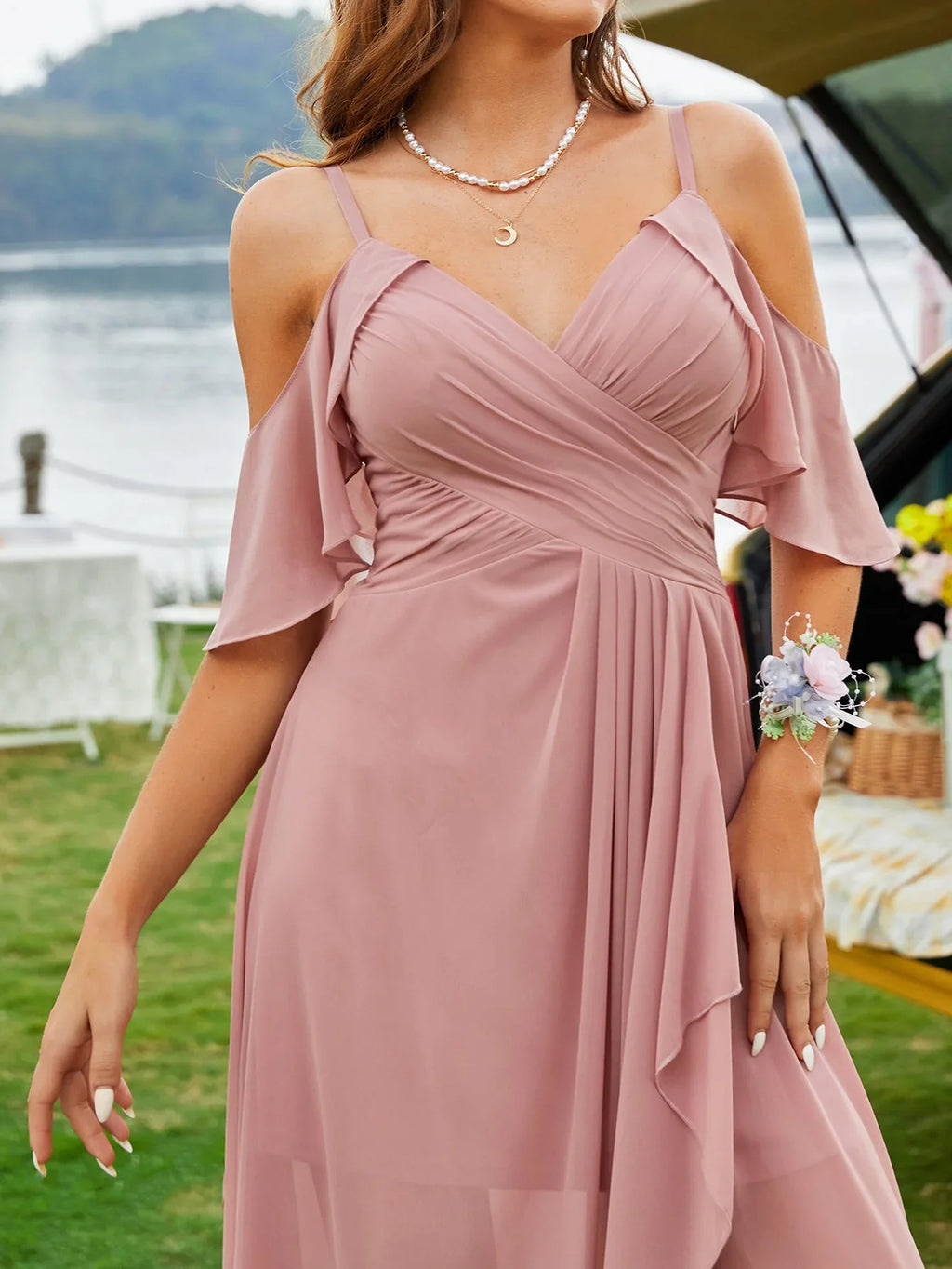Pink Chiffon Bridesmaid Dress With Cold Shoulder Tulip Hem