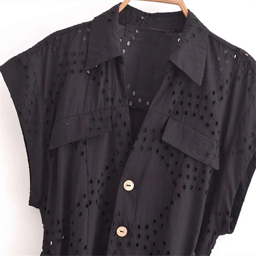 Casual Women's Short Sleeve Jumpsuit with Bow Waist Strap and Hollow Embroidery Summer Fashion Slimming One-Piece Romper