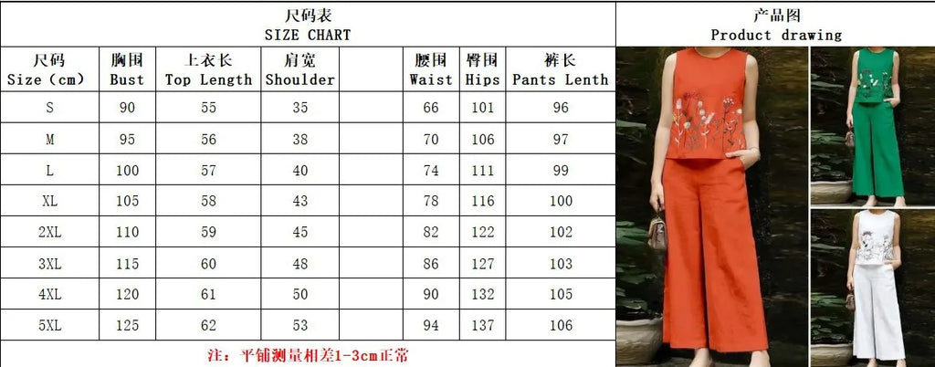 Women's Cotton and Hemp Two Piece Set Loose Elegant Sleeveless Commuter Outfit with Embroidery