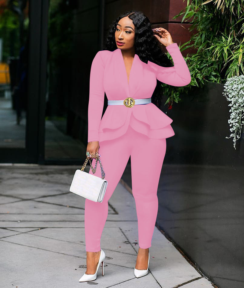 Women Winter Two Piece Tracksuit Set with Ruffled Blazer and Pencil Pants for Office Wear