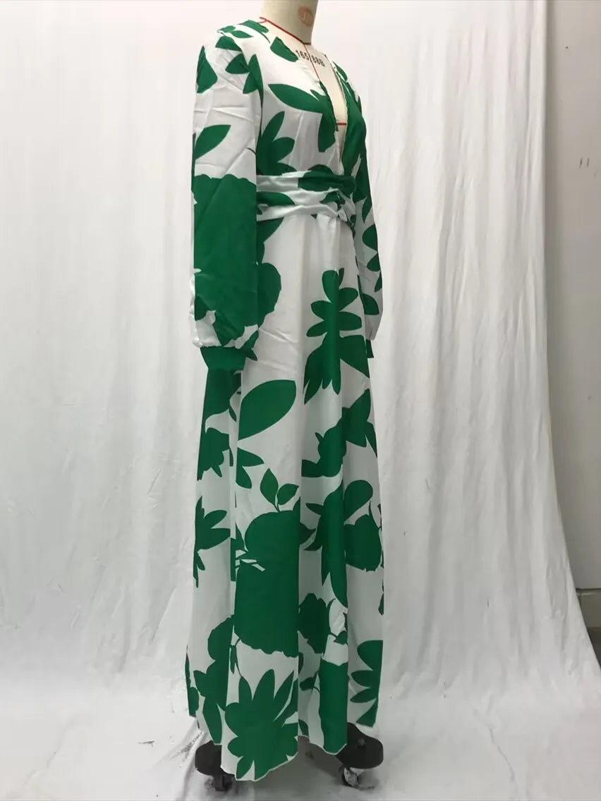 Printed Womens V Neck Lantern Sleeve Long Evening Dress