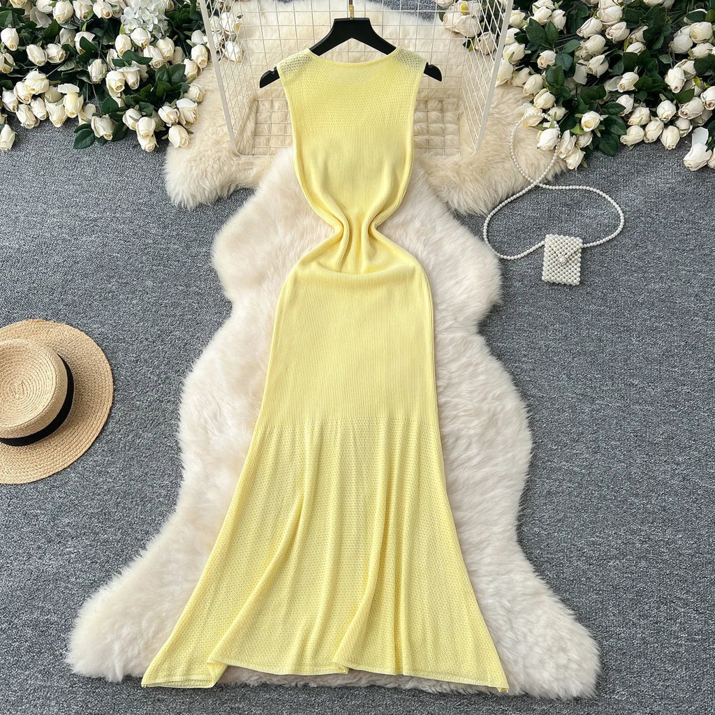Hollow Out Knitted Dress Sleeveless O Neck A Line Midi