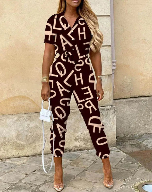 Summer Casual Women's Jumpsuit with Lapel Collar Printed Waistband and Stylish Buckle Detail