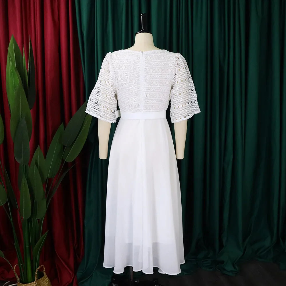 Square Neck Lace Dress Belt A Line Flare Sleeve Mid Calf