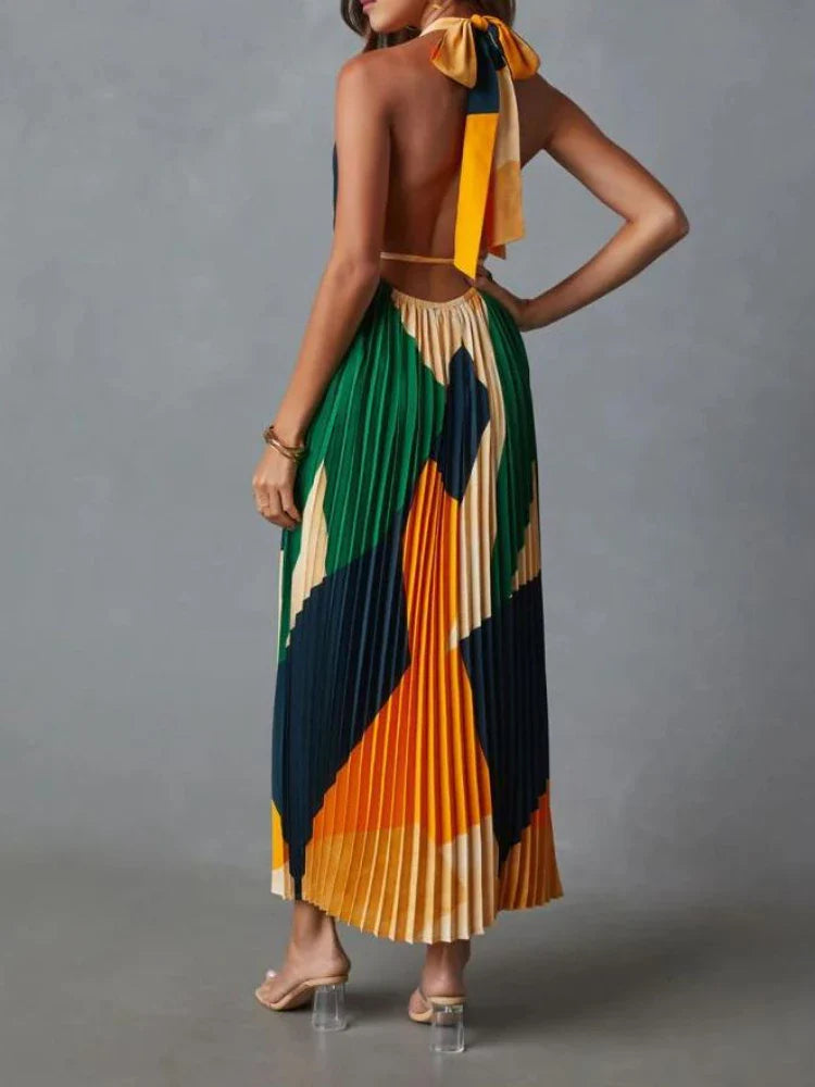 Elegant Backless Pleated Printed Dress For Summer Women