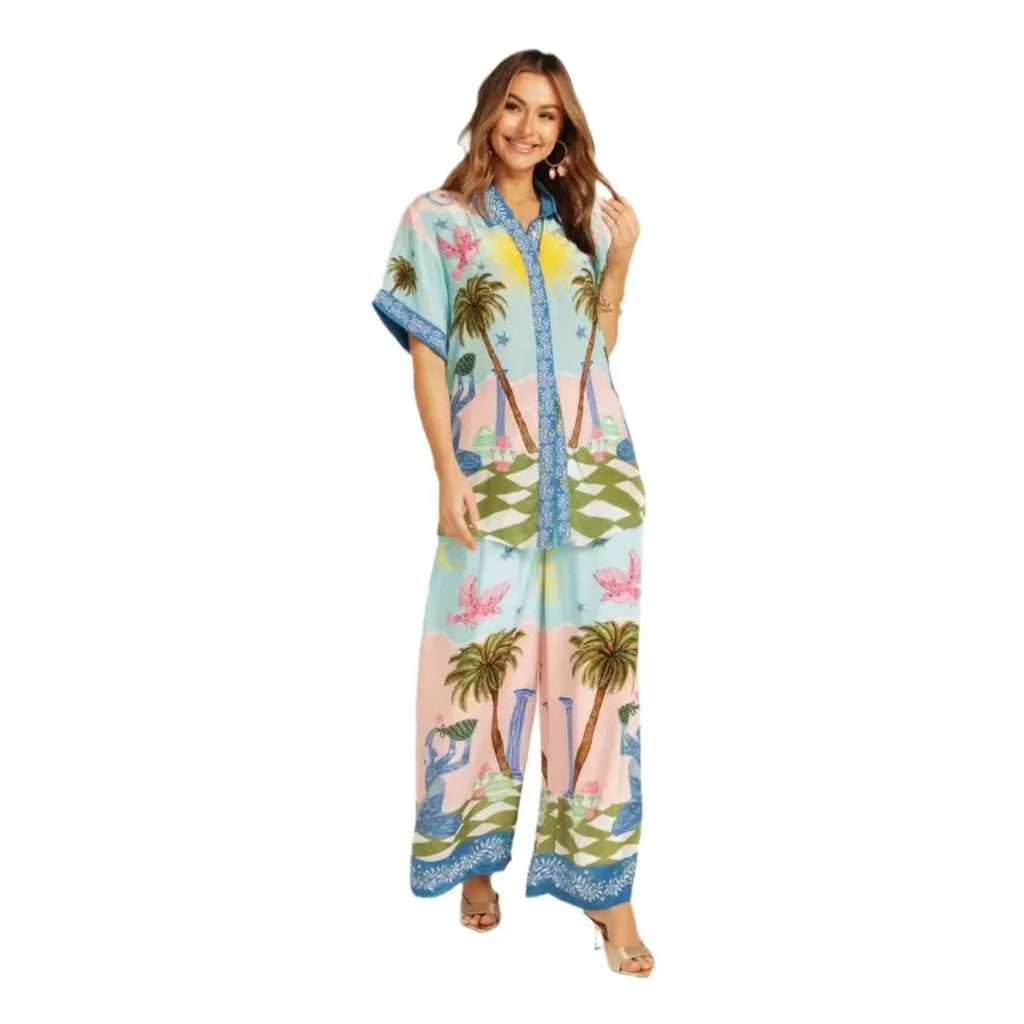 Summer Fashion 2 Piece Set for Women with Printed Half Sleeve Shirt and High Waisted Wide Leg Pants