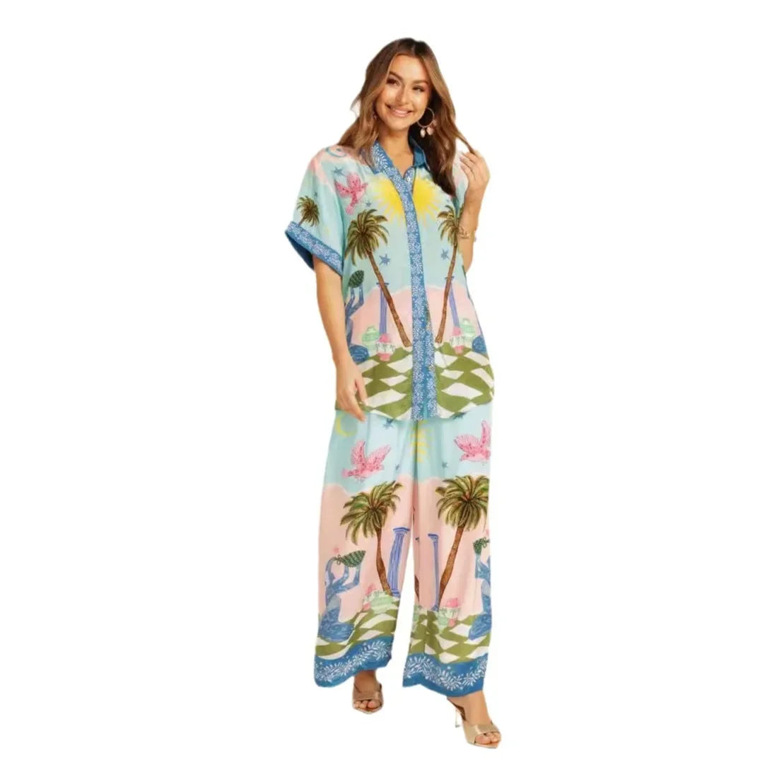 Summer Fashion 2 Piece Set for Women with Printed Half Sleeve Shirt and High Waisted Wide Leg Pants