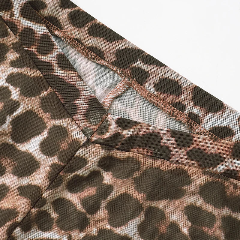 Leopard Print Mesh Long-Sleeved See-Through Sexy Set with Lace-Up Bustier, Short Shawl and Elastic Waist Pants