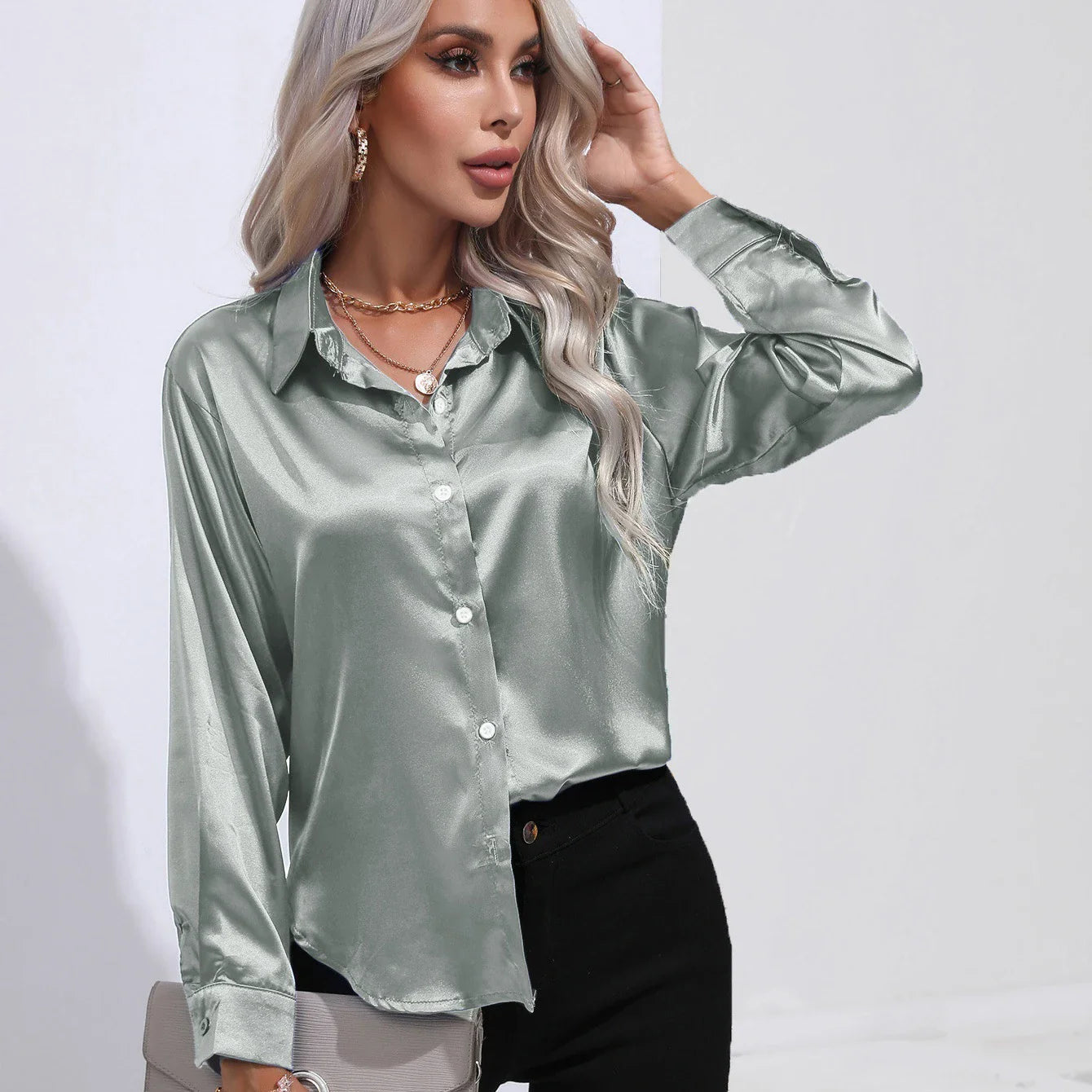 Elegant Autumn Satin Blouse for Women Multicolor Slim Fit Solid Vintage Style Transparent Button Shirt Perfect for Casual and Party Wear